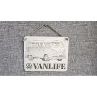 Vanlife Decorative Sign | Plaque with VW Logo and a Classic Camper Van Image