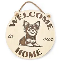 Welcome to our home with a cute Chihuahua picture hanging wall plaque / sign