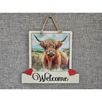 Highland Cow Welcome Sign Modern Design With Colourful Picture