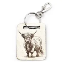 Highland Cow Wooden Keyring with Split Ring and Clip