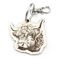 Personalised Highland Cow Wooden Keyring Shaped with Split Ring and Clip