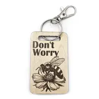 Dont Worry Bee Happy Novelty Wooden Keyring Shaped with Split Ring and Clip