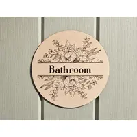 Bathroom Door Sign Floral Decorative Wooden Plaque Elegant Engraved Round Design