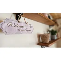 Welcome to our home hanging wall plaque hand decoupaged floral design