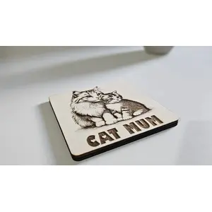 Cute Cat and Kitten Wooden Coaster with CAT MUM Quote