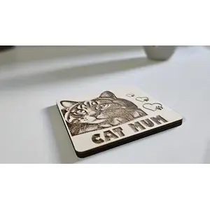 Beautiful Cat Wooden Coaster with CAT MUM Quote