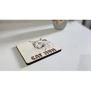 Beautiful Long Haired Cat Wooden Coaster with CAT MUM Quote
