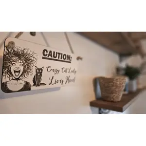 CAUTION: Crazy Cat Lady Lives Here Decorative Wooden Sign | Plaque