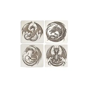 Set of 4 Dragon Wooden Coasters | Decorative High Detail Engravings