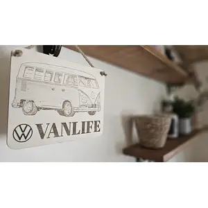 Vanlife Decorative Sign | Plaque with VW Logo and a Classic Camper Van Image