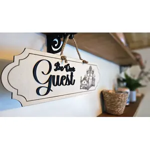 Be Our Guest Sign Deluxe Decorative Plaque With 3D Raised Lettering and Bed Graphic