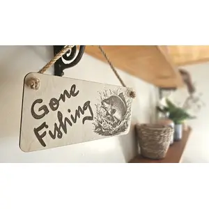 Gone Fishing Sign With Common Carp Image Wooden Decorative Plaque