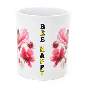 Bee On A Flower Mug In White With Bee Happy Quote