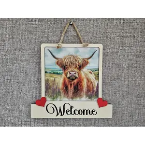 Highland Cow Welcome Sign Modern Design With Colourful Picture