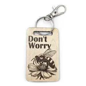 Dont Worry Bee Happy Novelty Wooden Keyring Shaped with Split Ring and Clip