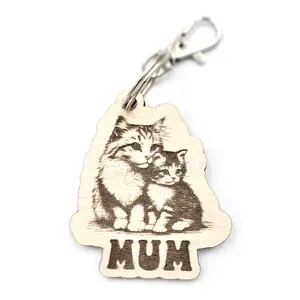 Personalised Long Haired Cat Wooden Keyring Shaped with Split Ring and Clip