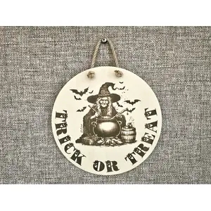 Witch Halloween Sign Fun Trick or Treat Window or Door Plaque and Decorations