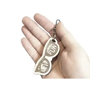 Novelty Surfing Themed Wooden Sunglasses Keyring with Split Ring and Clip