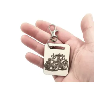 Novelty Tractor Themed Wooden Keyring with Split Ring and Clip