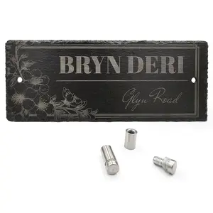 Slate House Sign Floral Laser Engraved