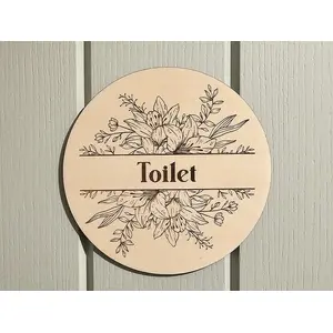 Toilet Door Sign Floral Decorative Wooden Plaque Elegant Engraved Round Design