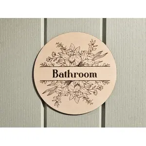 Bathroom Door Sign Floral Decorative Wooden Plaque Elegant Engraved Round Design