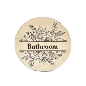 Bathroom Door Sign Floral Decorative Wooden Plaque Elegant Engraved Round Design