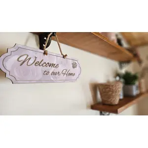 Welcome to our home hanging wall plaque hand decoupaged floral design