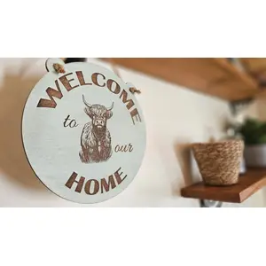 Welcome To Our Home Highland Cow Wall Mounted Plaque Decorative Guest Sign