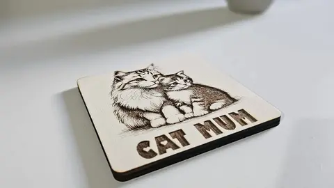 Cute Cat and Kitten Wooden Coaster with CAT MUM Quote