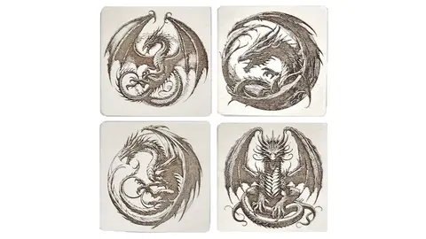 Set of 4 Dragon Wooden Coasters | Decorative High Detail Engravings