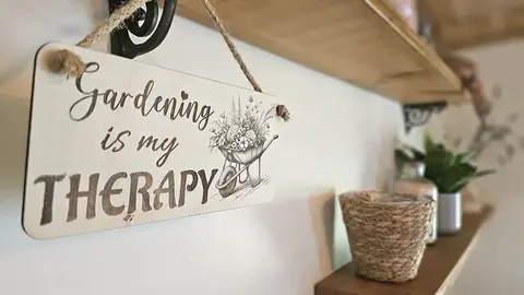 Gardening Decorative Sign | Plaque | Gardening is my Therapy With Wheel Barrow and Flowers