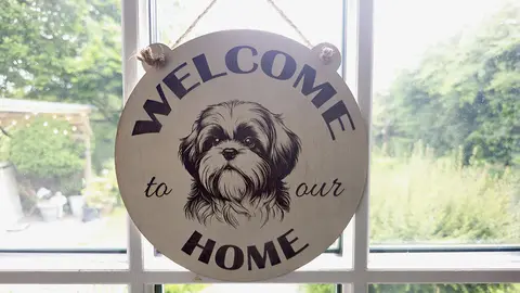 Welcome to our Home with an image of a Shih Tzu Hanging Wall Plaque / Sign