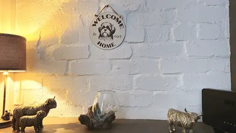 Welcome to our Home with an image of a Shih Tzu Hanging Wall Plaque / Sign