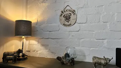 Welcome to our Home with an image of a Pug Hanging Wall Plaque / Sign