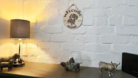 Welcome to our Home with an image of a Dachshund Hanging Wall Plaque / Sign