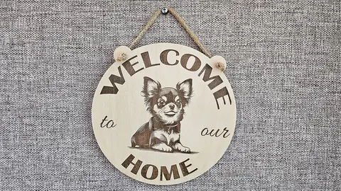 Welcome to our home with a cute Chihuahua picture hanging wall plaque / sign
