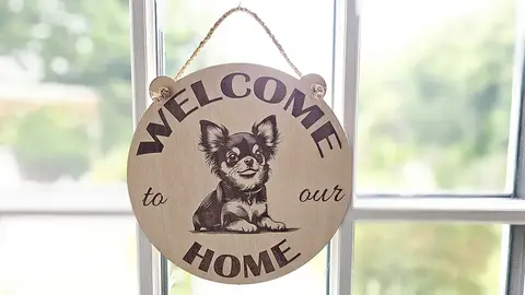 Welcome to our home with a cute Chihuahua picture hanging wall plaque / sign