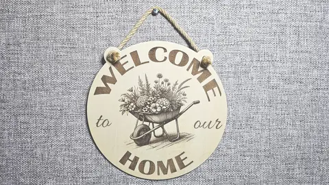 Gardening Theme Welcome to our Home Decorative Sign | Wheel Barrow And Flowers Plaque