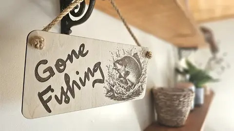 Gone Fishing Sign With Common Carp Image Wooden Decorative Plaque