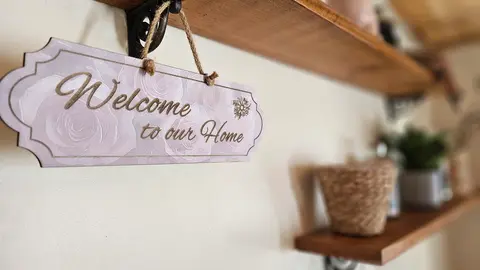 Welcome to our home hanging wall plaque hand decoupaged floral design
