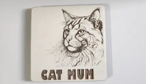 Beautiful Long Haired Cat Wooden Coaster with CAT MUM Quote