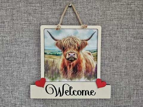 Highland Cow Welcome Sign Modern Design With Colourful Picture