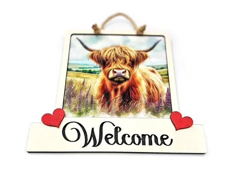 Highland Cow Welcome Sign Modern Design With Colourful Picture