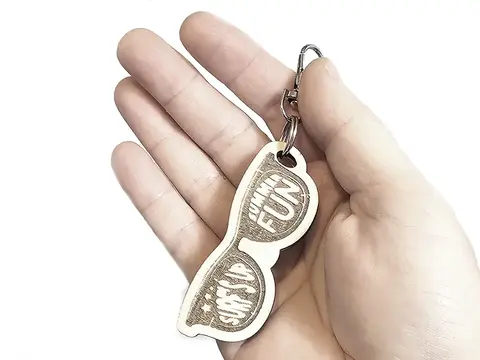 Novelty Surfing Themed Wooden Sunglasses Keyring with Split Ring and Clip
