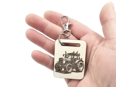 Novelty Tractor Themed Wooden Keyring with Split Ring and Clip