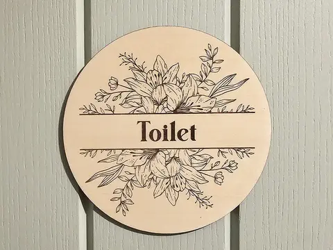 Toilet Door Sign Floral Decorative Wooden Plaque Elegant Engraved Round Design