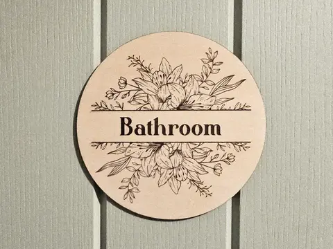 Bathroom Door Sign Floral Decorative Wooden Plaque Elegant Engraved Round Design