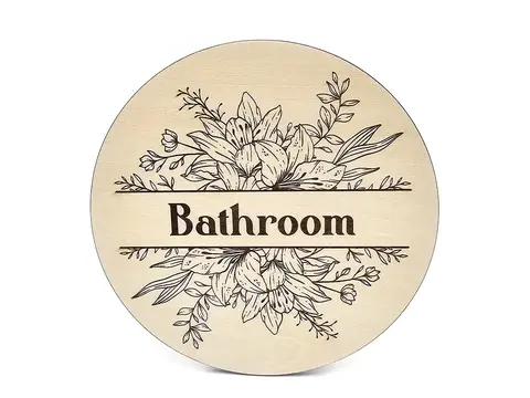 Bathroom Door Sign Floral Decorative Wooden Plaque Elegant Engraved Round Design