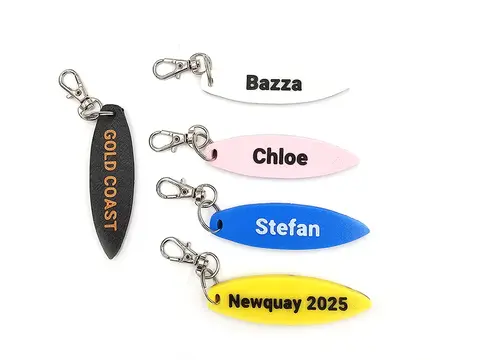 Surfboard Keyring Surfs Up Stripes Bag Tag Charm